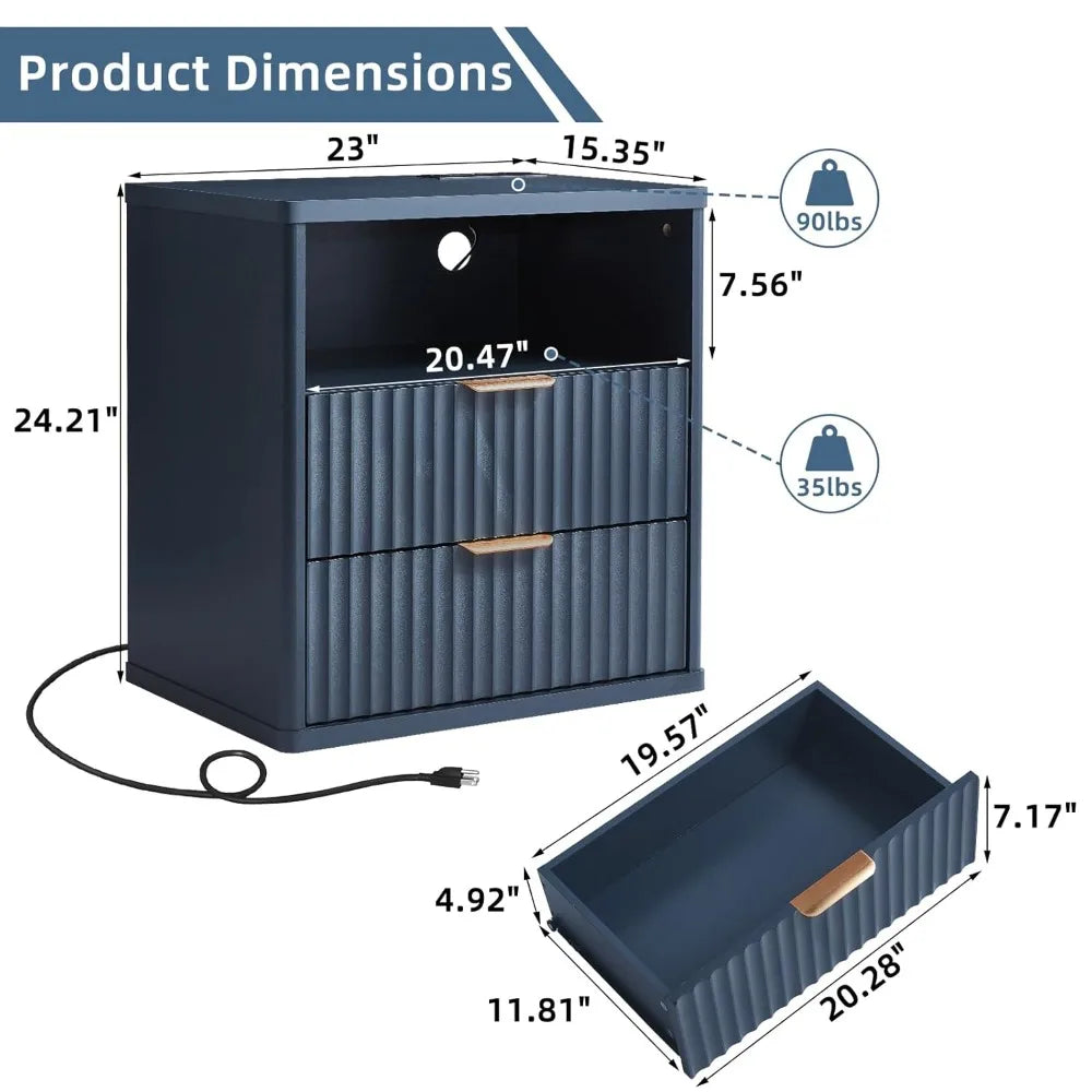 XIAOLANG Fluted Nightstand With Charging Station And Open Storage Cabinet