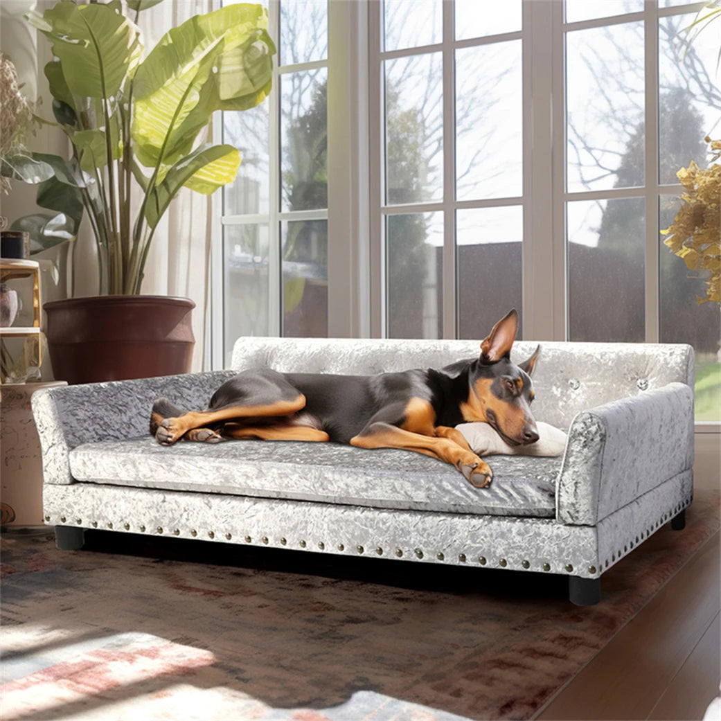 BORWARTCN Luxury Velvet Tufted Dog Sofa Bed Wooden Frame