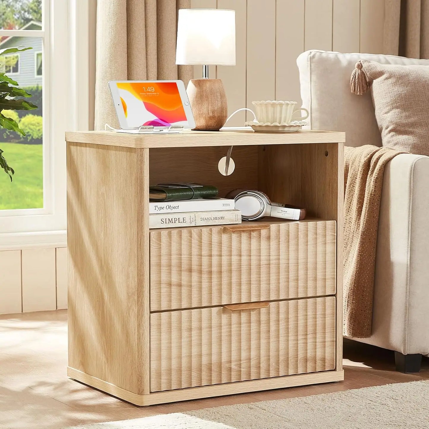 XIAOLANG Fluted Nightstand With Charging Station And Open Storage Cabinet