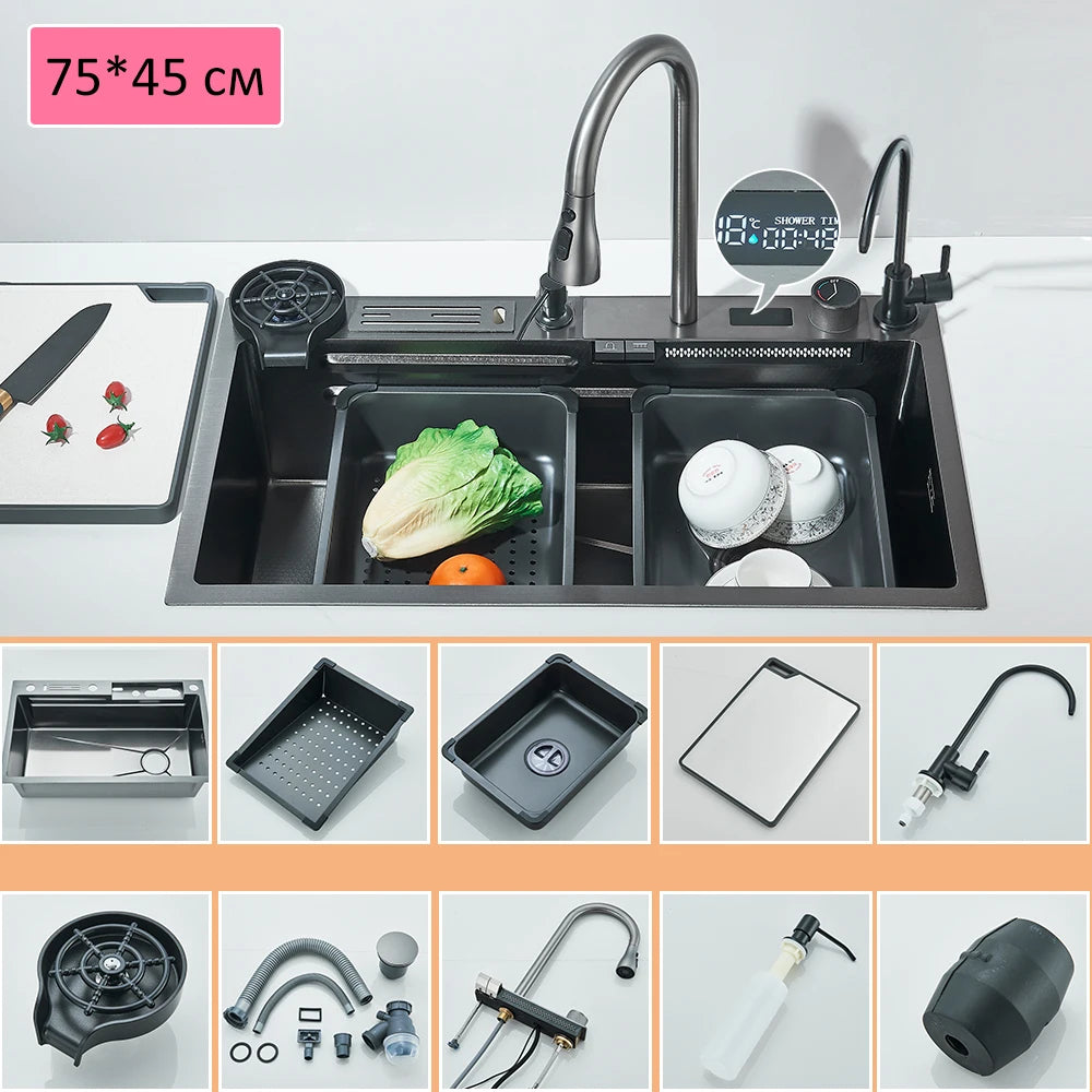 Quyanre 304 Stainless Steel Waterfall Kitchen Faucet With Soap Dispenser