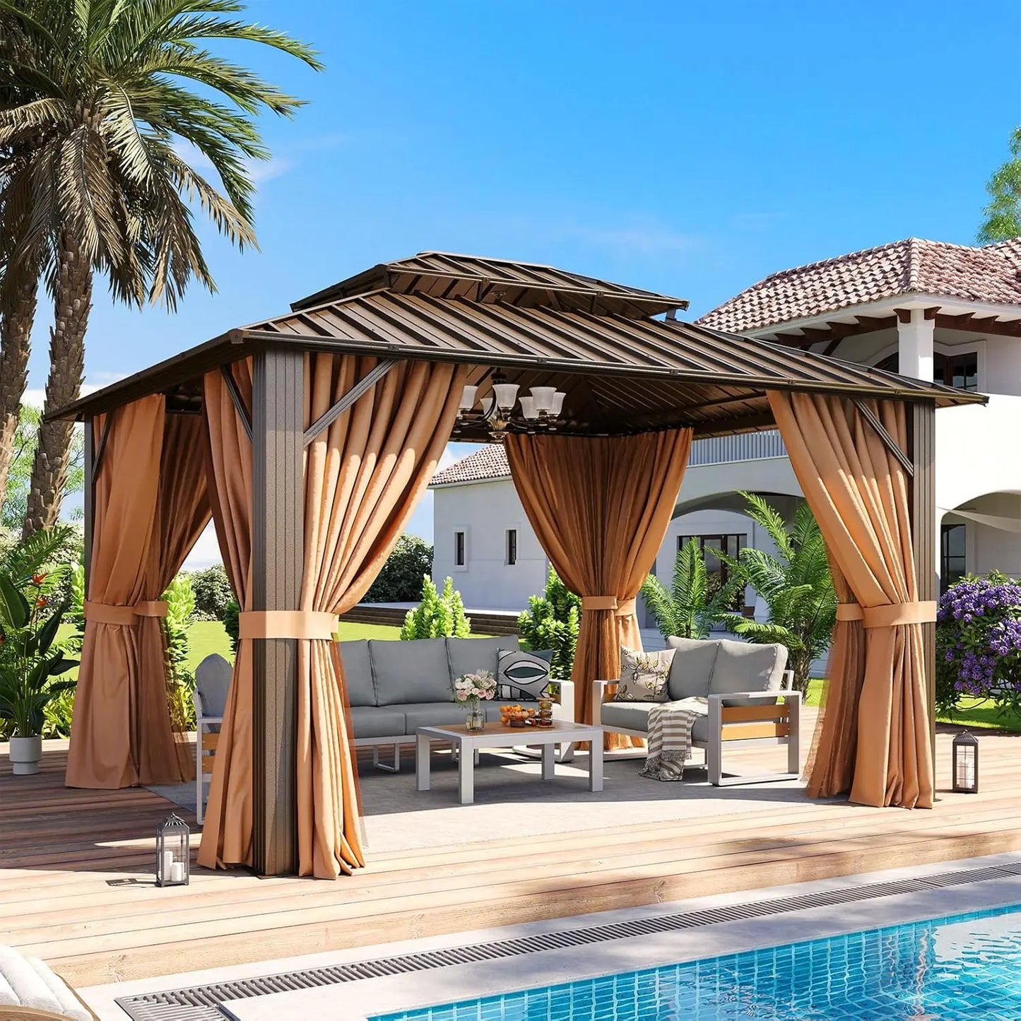 Gazebo With Double Galvanized Steel Roof And Breathable Net Curtain