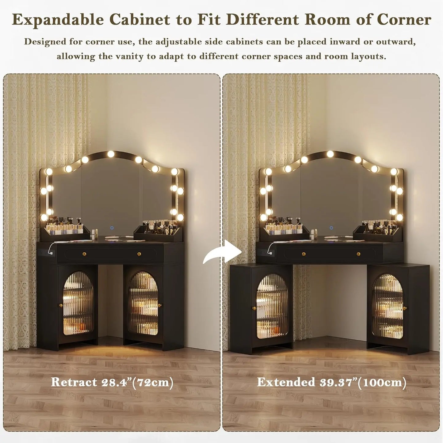 Chengwei Corner Vanity Desk 3 Way Mirror and Bulb Lights