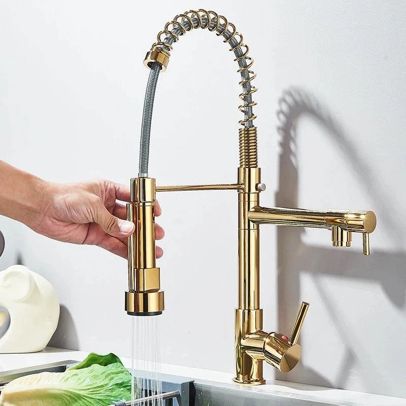 SHBSHAIMY Gold Pull Down Kitchen Faucet With Dual Swivel Spout Hot Cold Water
