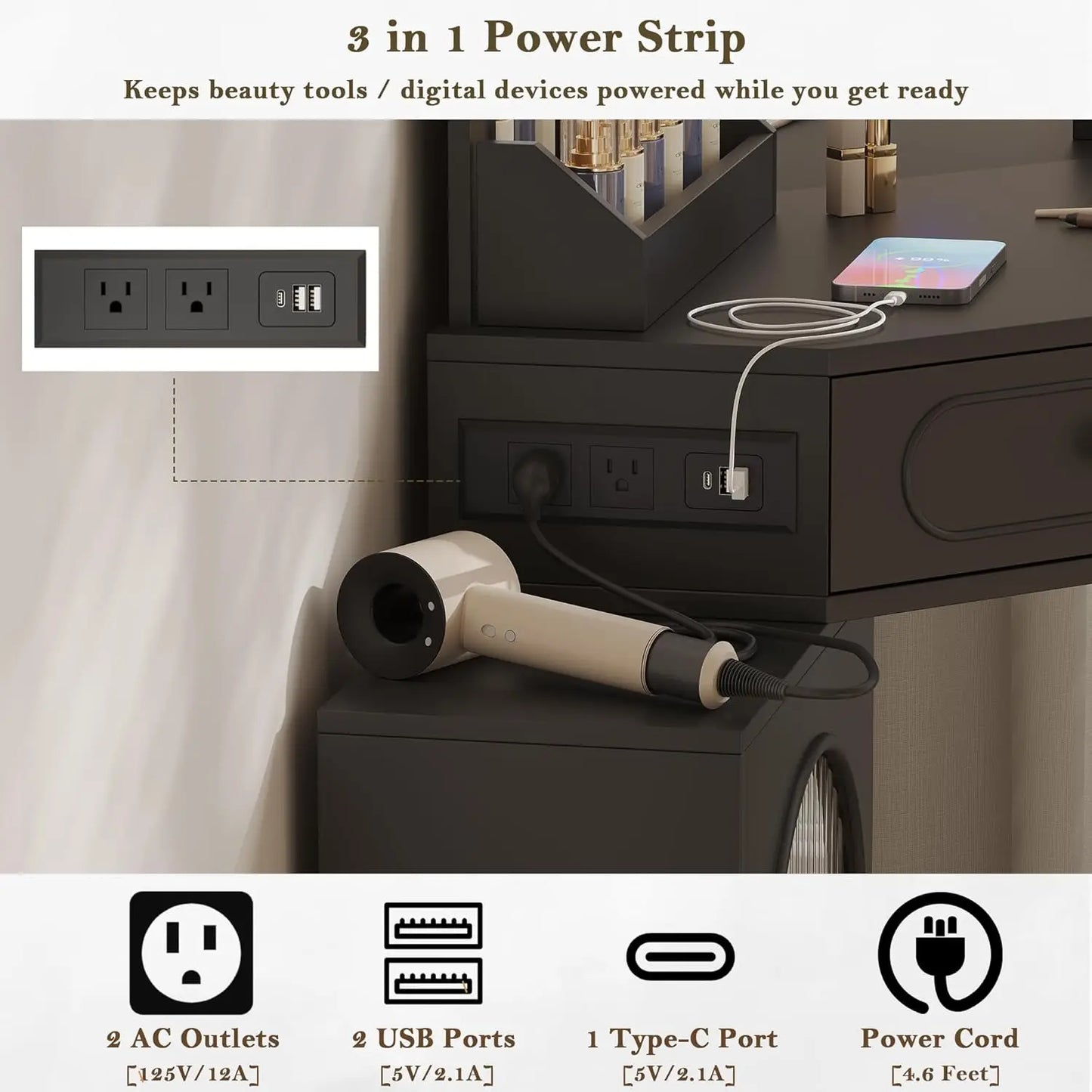 Chengwei Corner Vanity Desk 3 Way Mirror and Bulb Lights