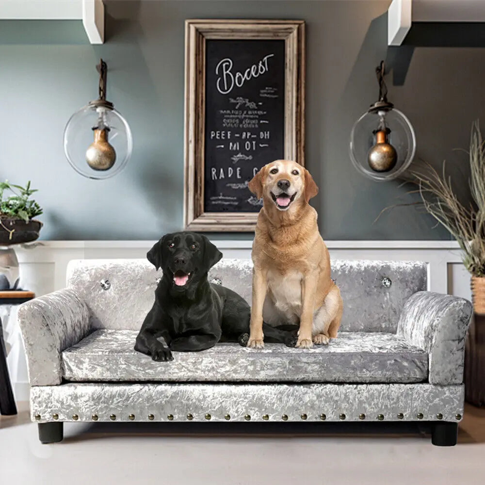 BORWARTCN Luxury Velvet Tufted Dog Sofa Bed Wooden Frame