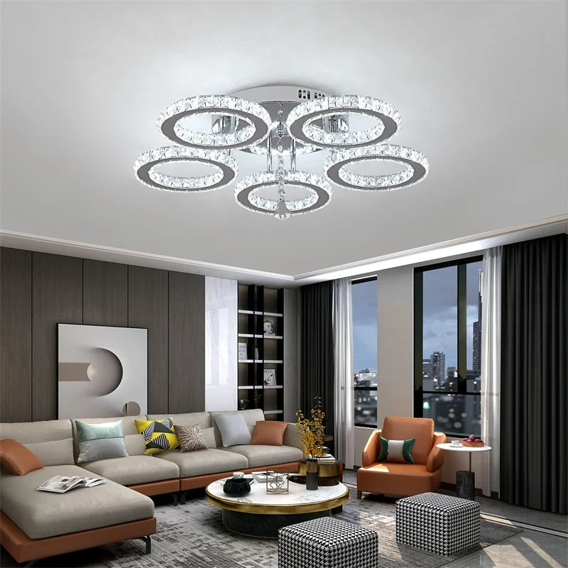 5 Rings Crystal Led Chandeliers Ceiling Mirror Stainless Steel Lustre Cristal For Kitchen Luminarias Parateto Fixtures Plafonier