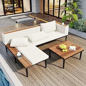 Ticify Modern L Shaped Acacia Wood Sofa Set Coffee Table