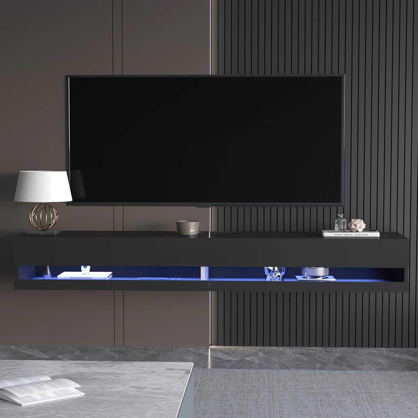 QiaoShiRen Floating TV Stand LED Wall Mount With Power Outlets