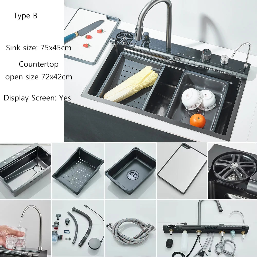Smart Digital Display Kitchen Sink With Waterfall Purifier Soap Dispenser