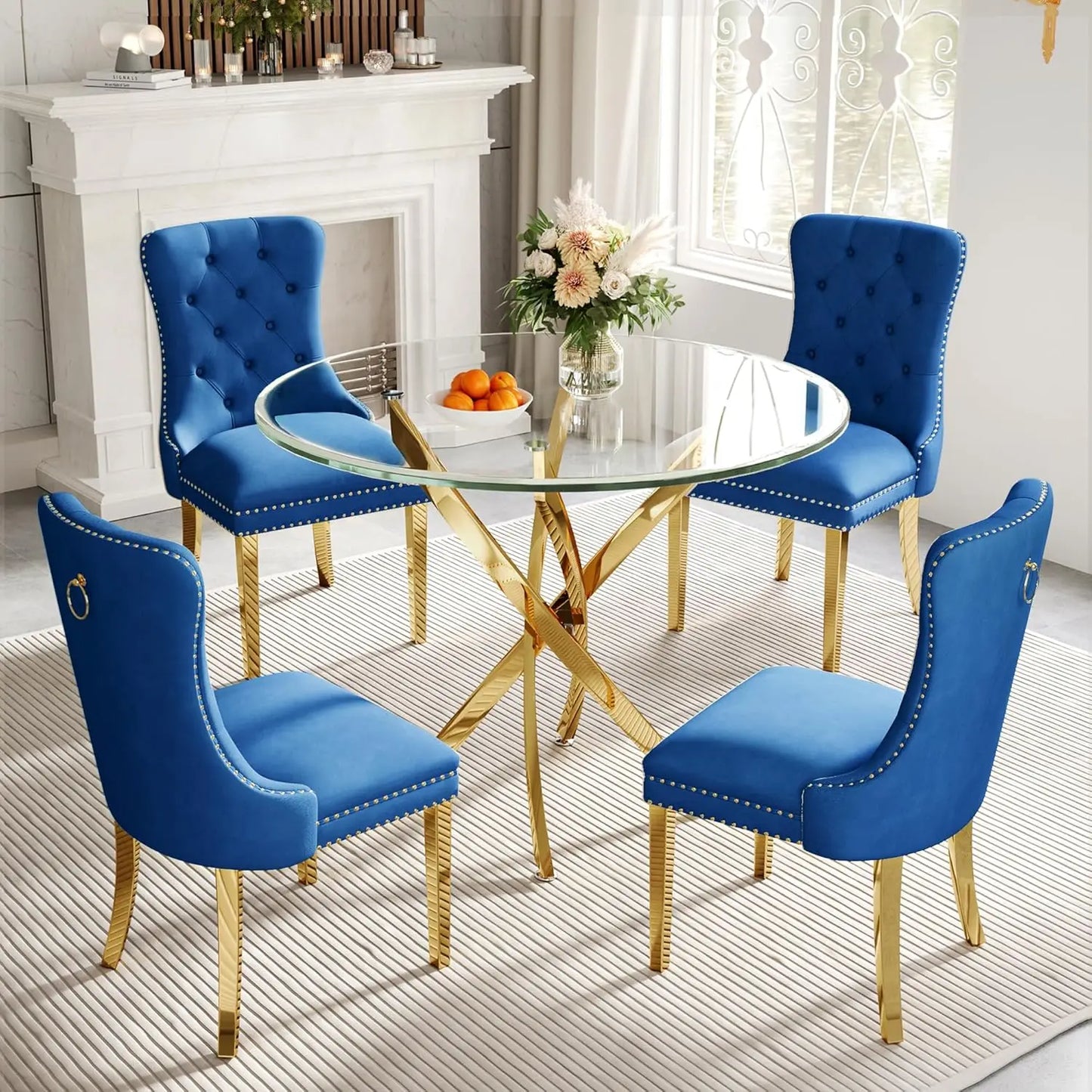 ANGDUO Modern Square Glass Dining Table Set With Velvet Chairs