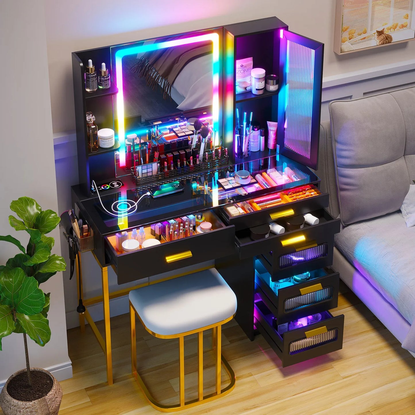Vanity Desk With Mirror And LED Lights Charging Station
