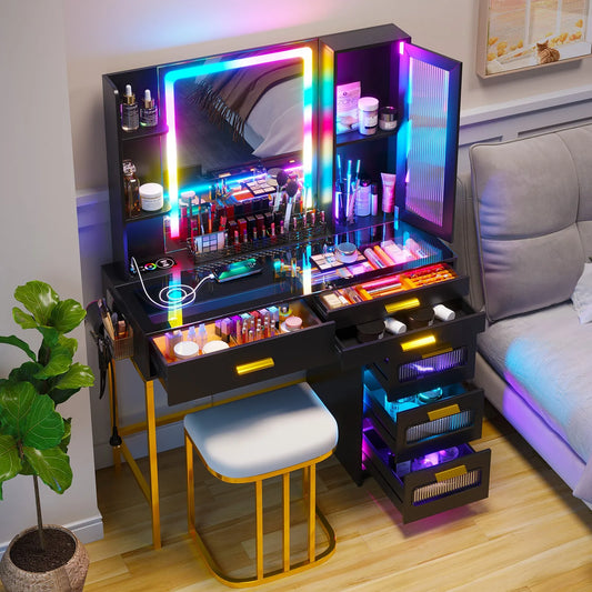 Vanity Desk With Mirror And LED Lights Charging Station