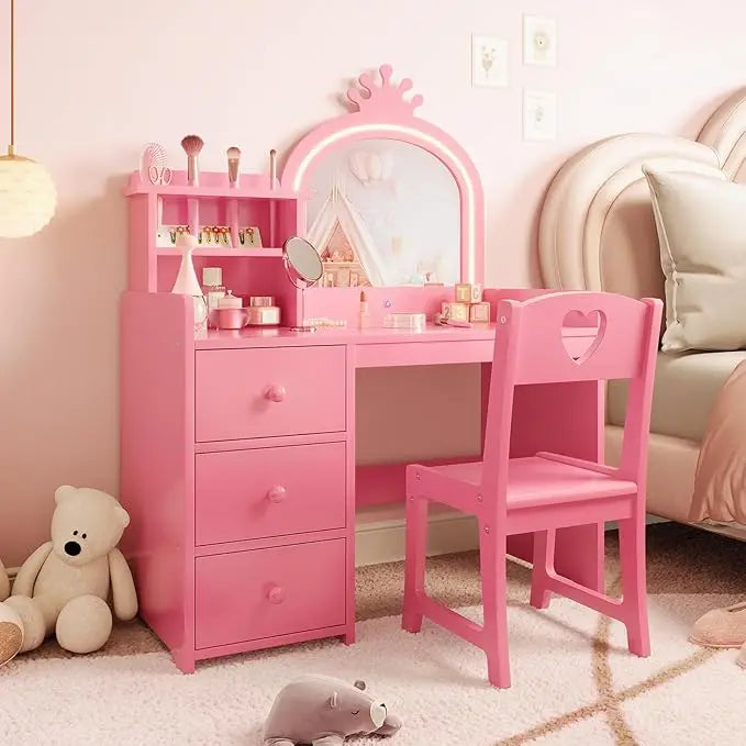 HiMISS Kids Vanity With Lights 2 In 1 Princess Desk