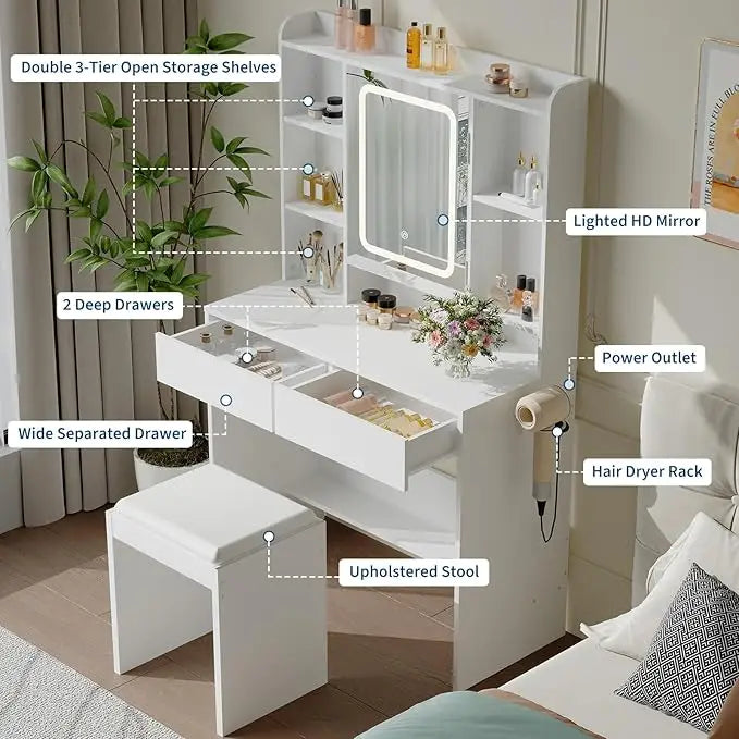 HiMISS Vanity Desk With Mirror And Adjustable Lights