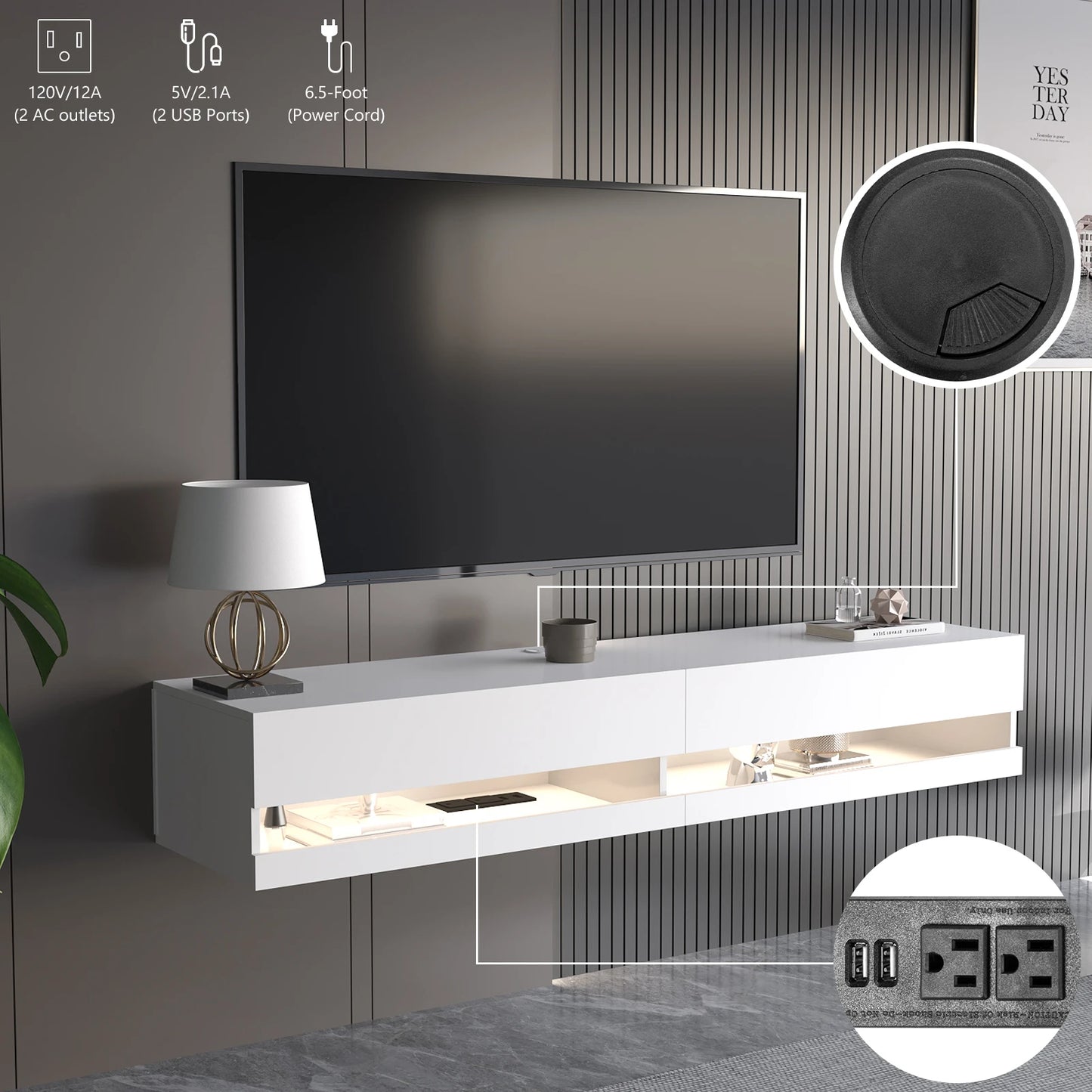 QiaoShiRen Floating TV Stand LED Wall Mount With Power Outlets