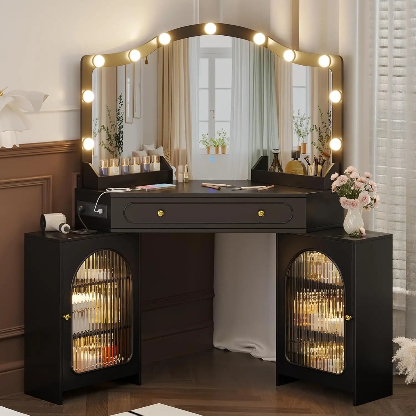 Chengwei Corner Vanity Desk 3 Way Mirror and Bulb Lights