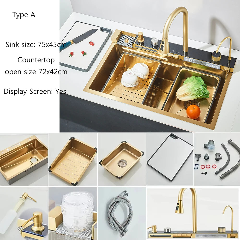 Smart Digital Display Kitchen Sink With Waterfall Purifier Soap Dispenser