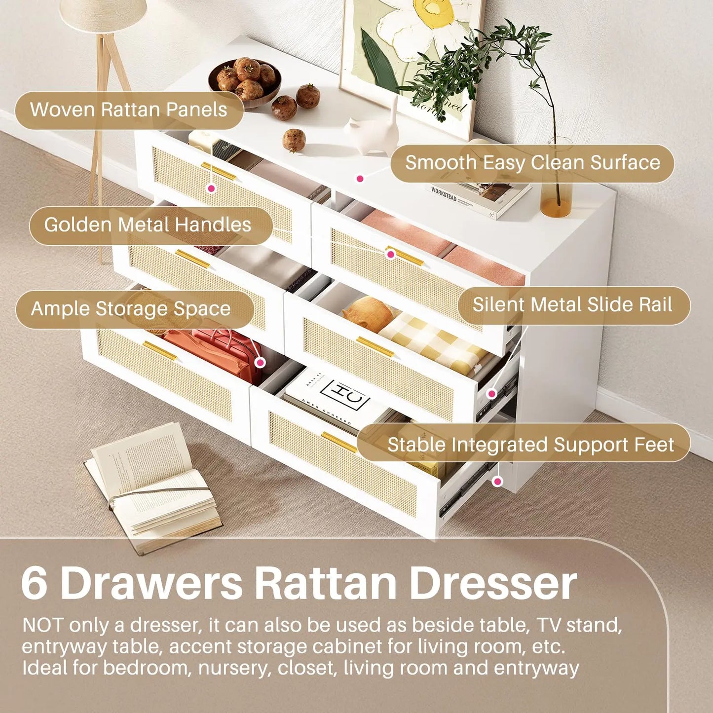 Rattan Dresser With Six Drawers Modern Wood Storage Chest