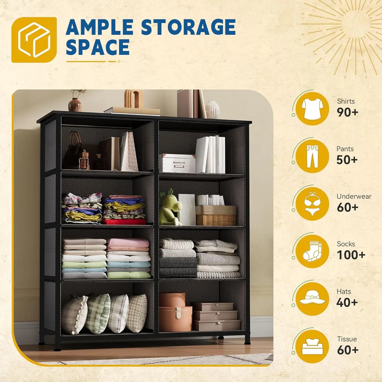 Eight Drawer Fabric Dresser For Bedroom And Living Room Storage