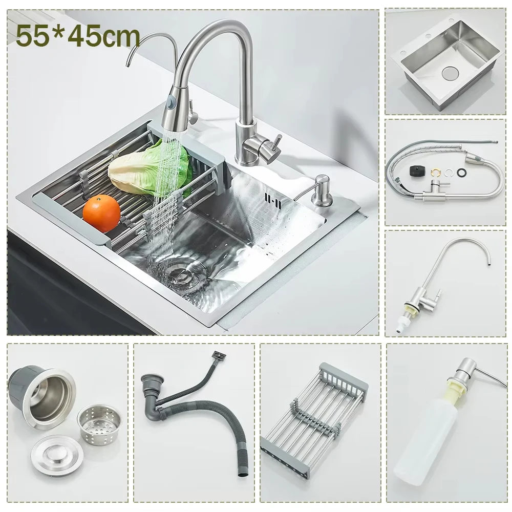 Stainless Steel Kitchen Sink With Integrated Faucet And Soap Dispenser