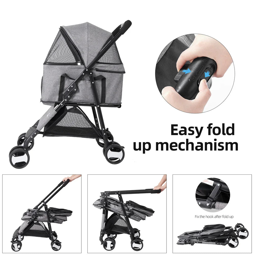 Foldable Pet Stroller Travel Carrier For Dogs Cats Rain Cover