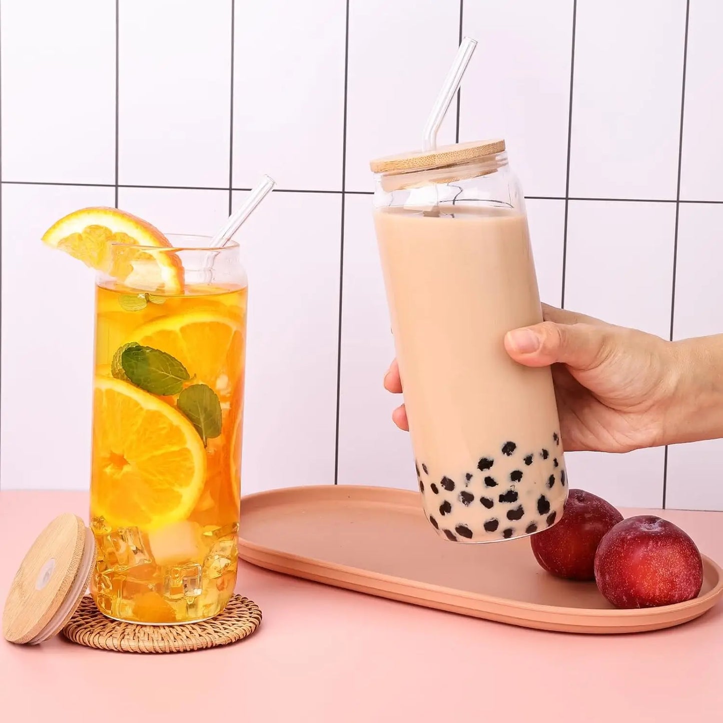 Drinking Glass Set With Bamboo Lids And Glass Straws