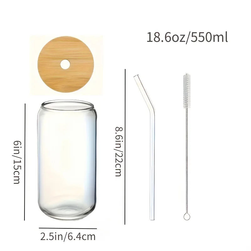 Drinking Glass Set With Bamboo Lids And Glass Straws