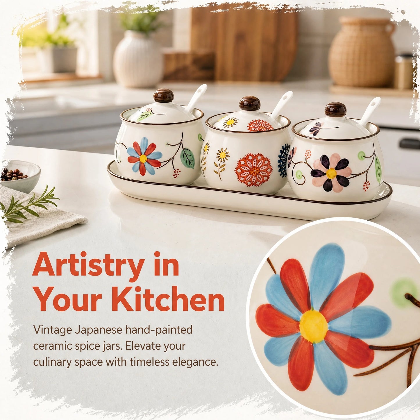 Hand Painted Japanese Vintage Ceramic Spice Jar Set With Tray And Spoons