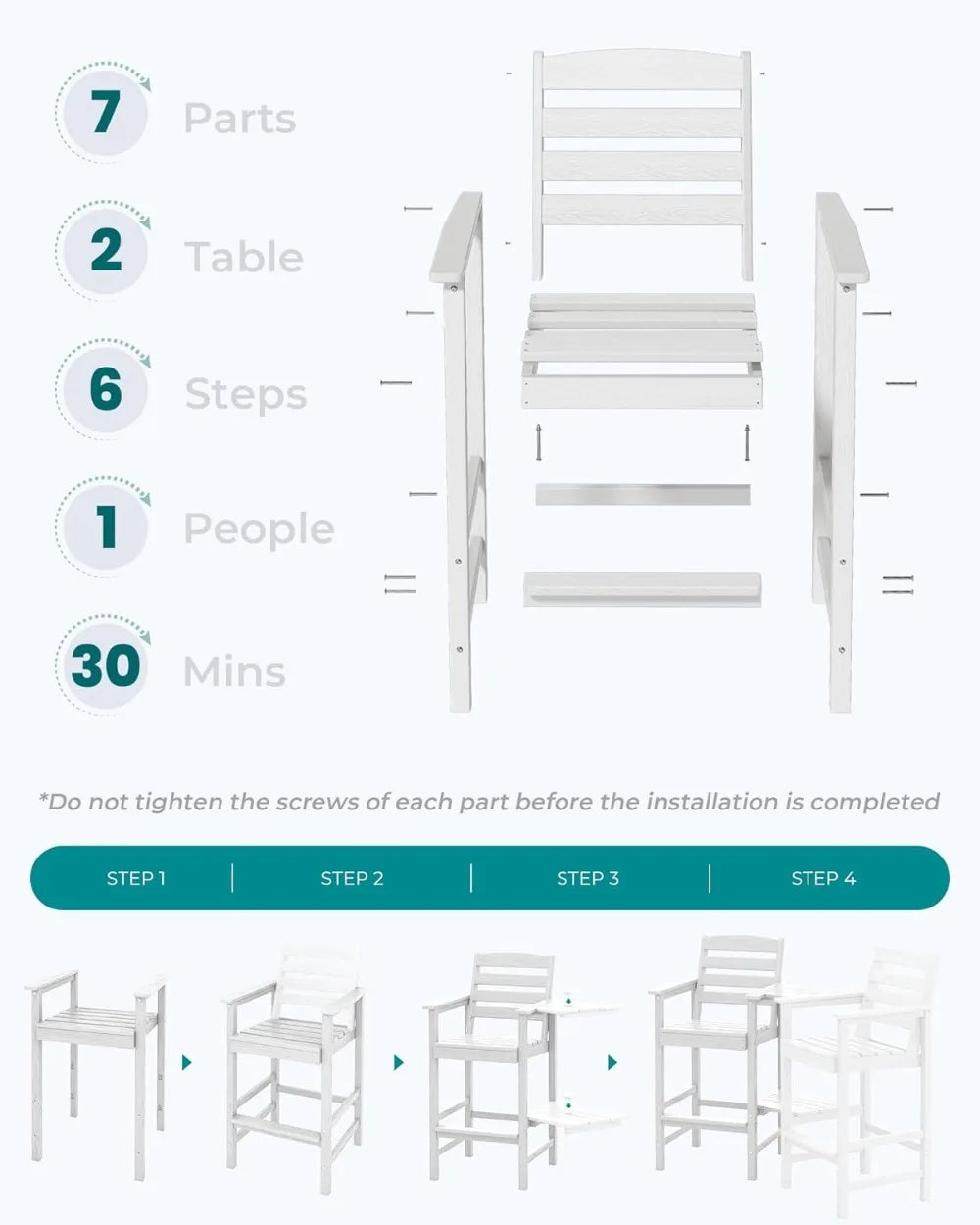 MKDK Tall Adirondack Chairs Set of 2 With Connecting Table