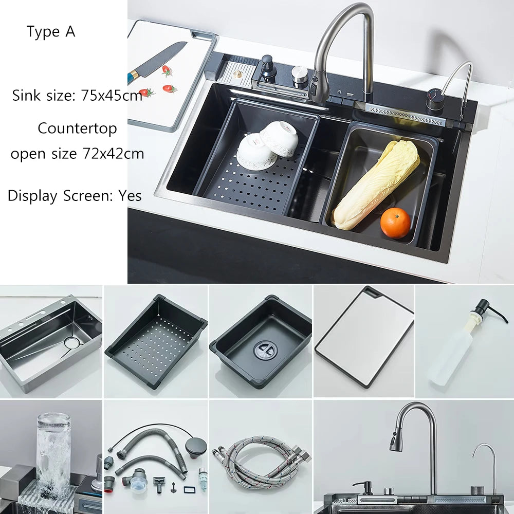 Smart Digital Display Kitchen Sink With Waterfall Purifier Soap Dispenser