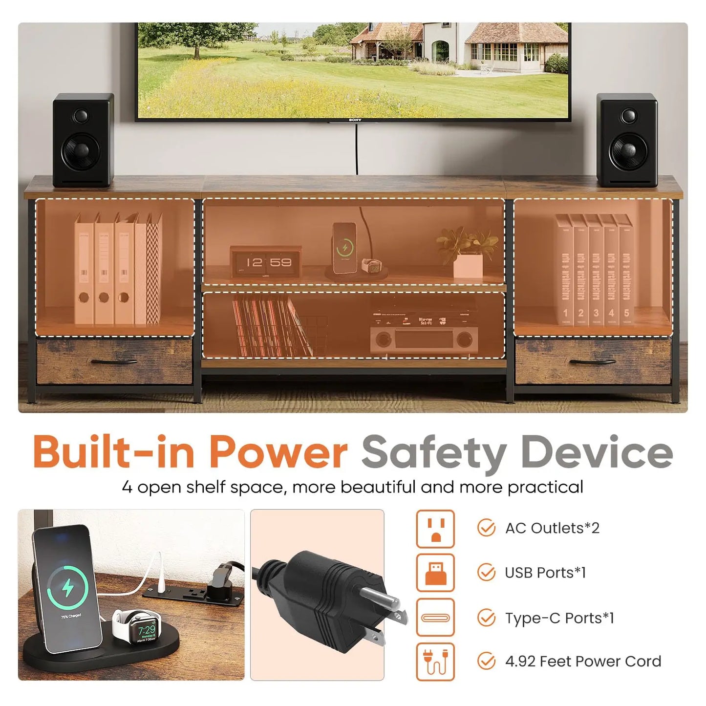 JHK Wood TV Stand Modern Entertainment Center With Adjustable Shelves