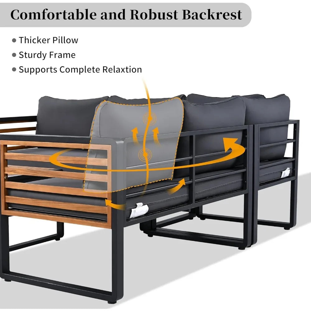 Ticify Modern L Shaped Acacia Wood Sofa Set Coffee Table