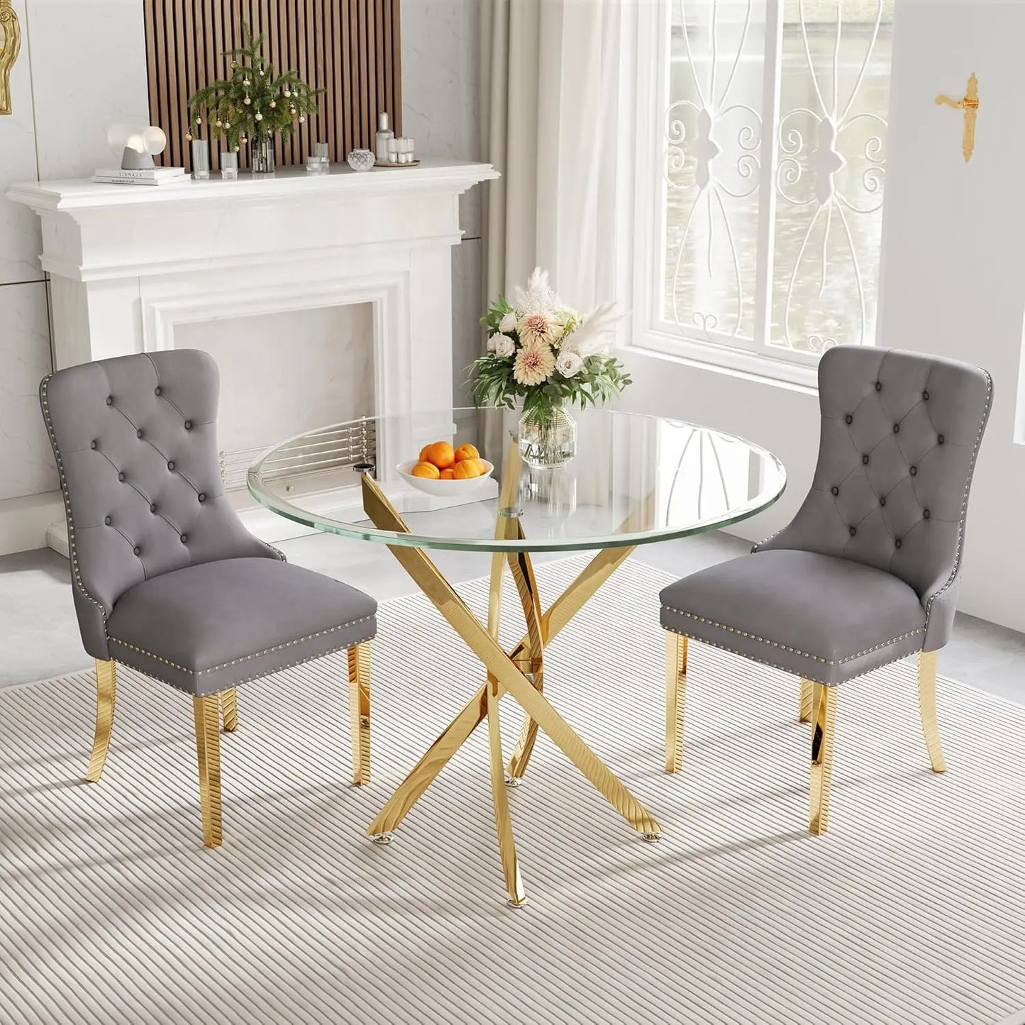 ANGDUO Modern Square Glass Dining Table Set With Velvet Chairs