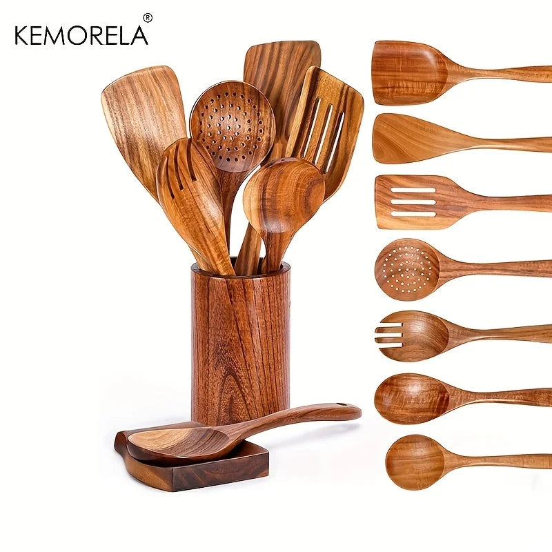 Teak Wood Kitchen Utensil Set With Holder 9 Piece Spoons