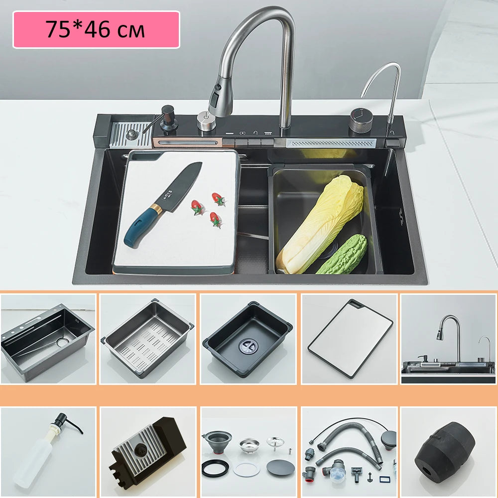 Quyanre 304 Stainless Steel Waterfall Kitchen Faucet Set With Digital Display