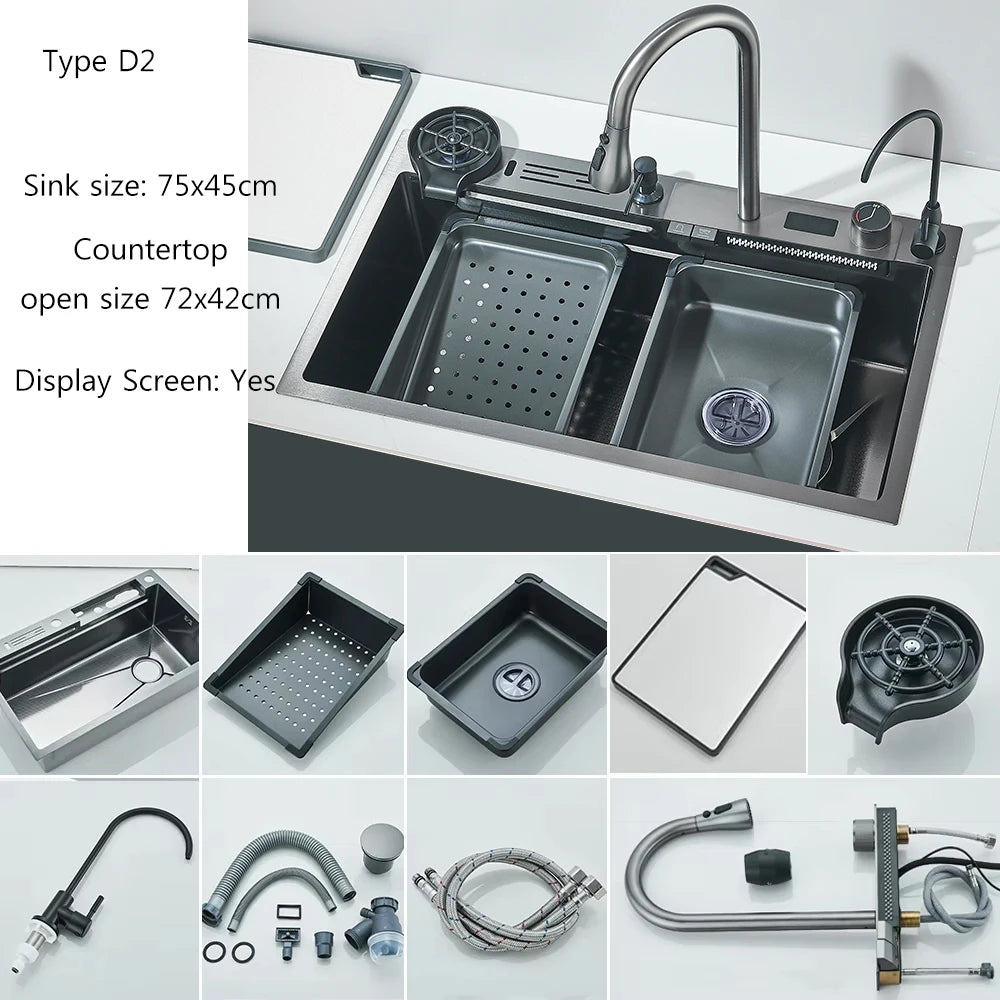 Smart Digital Display Kitchen Sink With Waterfall Purifier Soap Dispenser