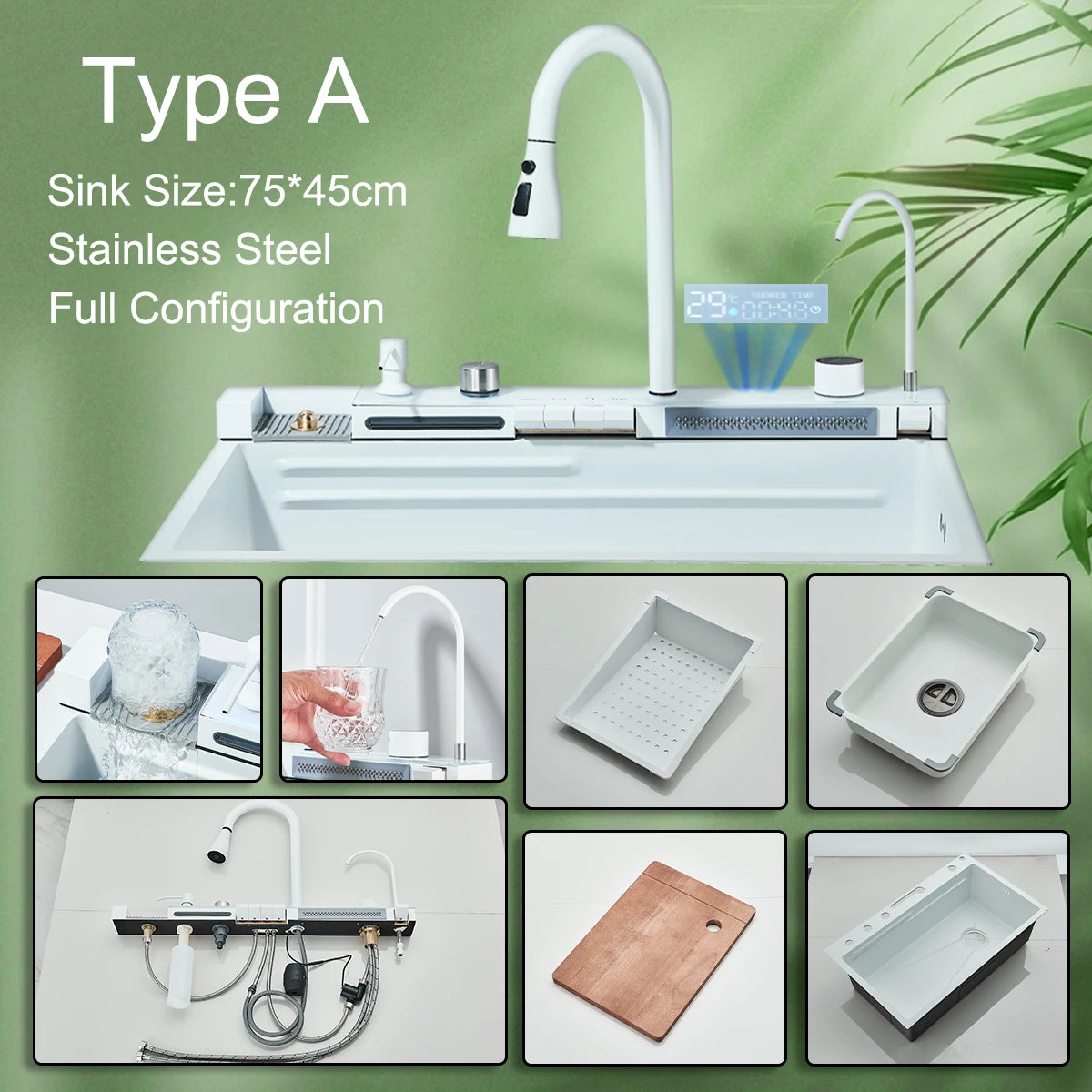 Stainless Steel Kitchen Sink With Double Waterfall Faucet And Digital Display