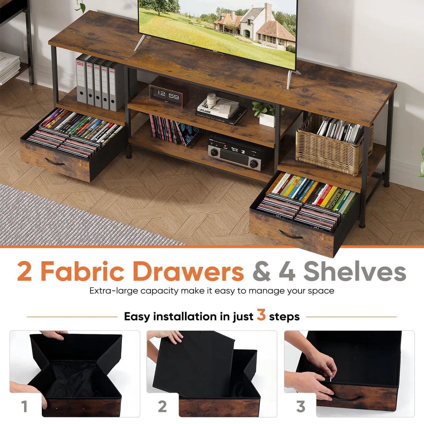 JHK Wood TV Stand Modern Entertainment Center With Adjustable Shelves
