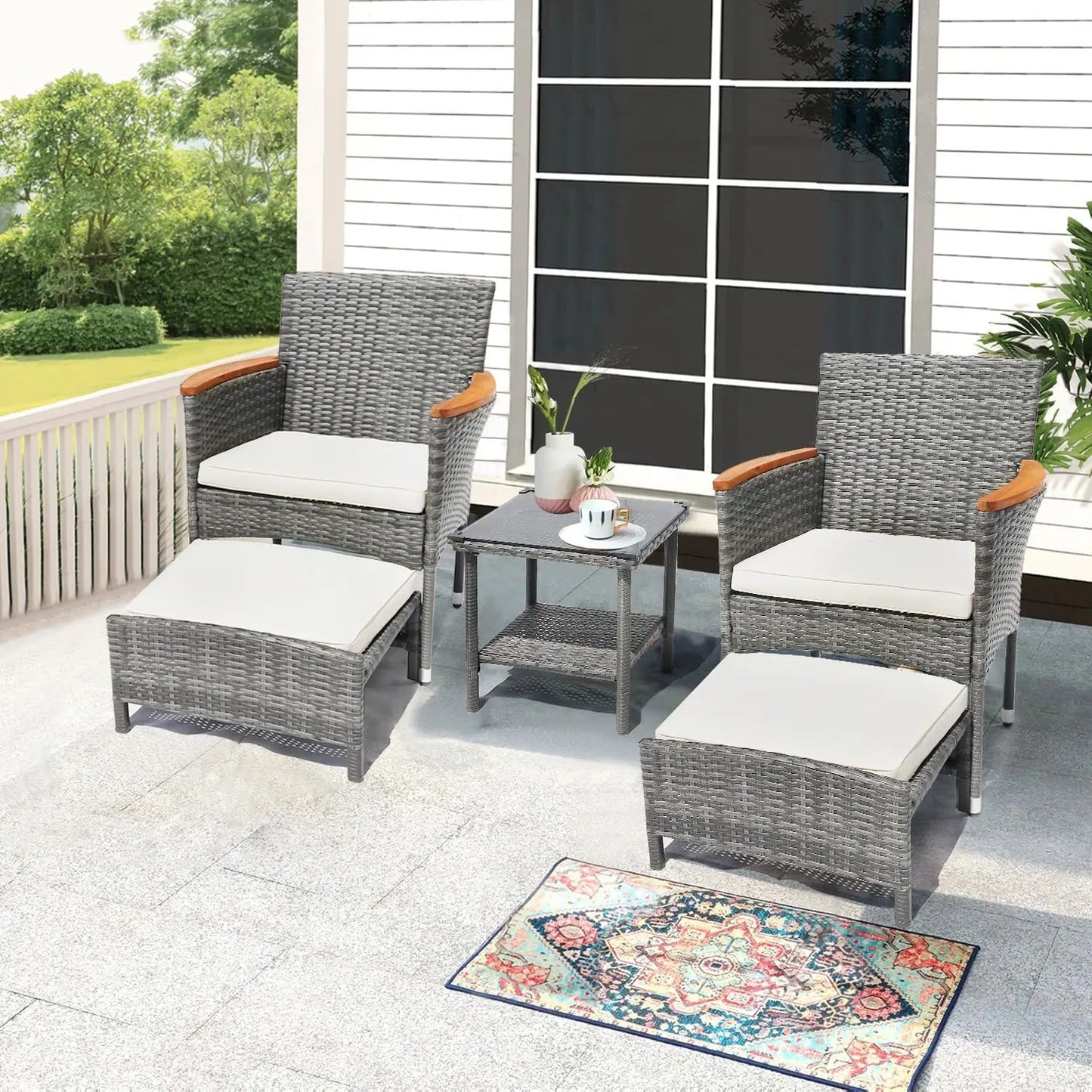 5 PCS Outdoor Patio Furniture Set with Table&Ottoman Outdoor Furniture Patio Set Bistro Wicker Patio Set