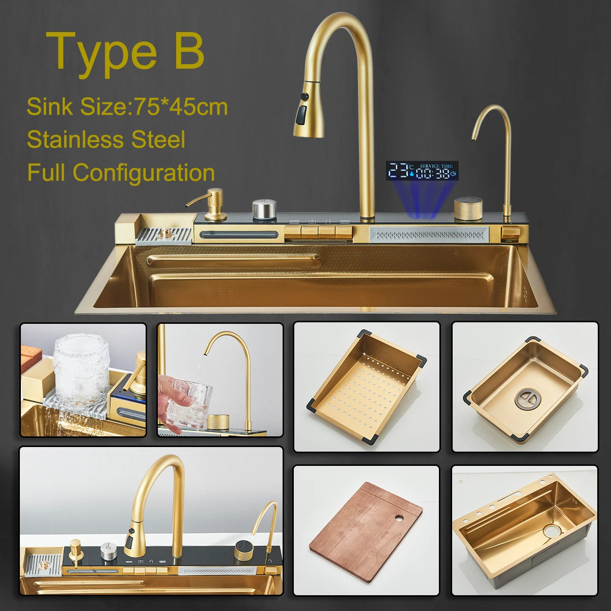 Stainless Steel Kitchen Sink With Double Waterfall Faucet And Digital Display