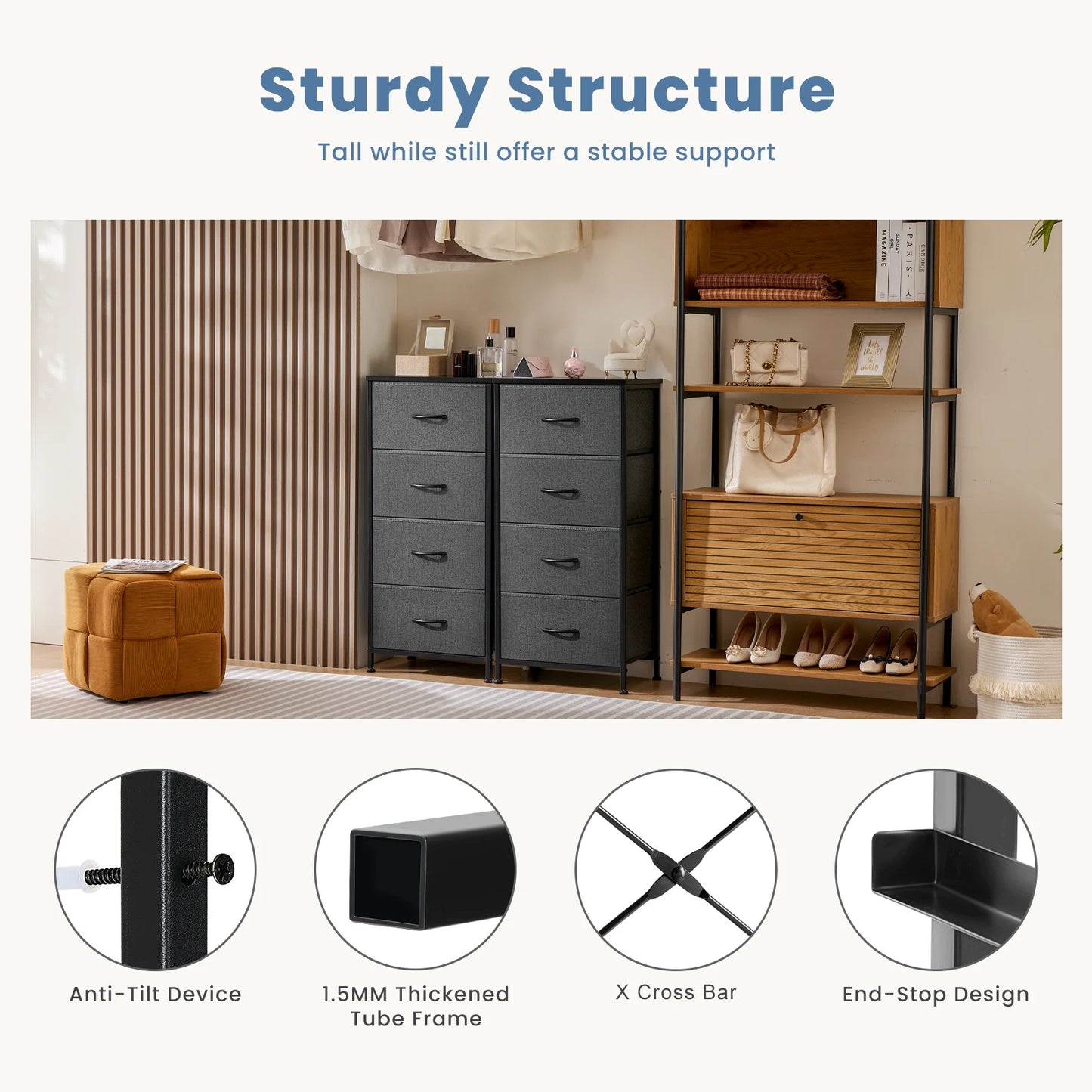 JHK Dresser With 4 Fabric Drawers And Steel Frame Storage