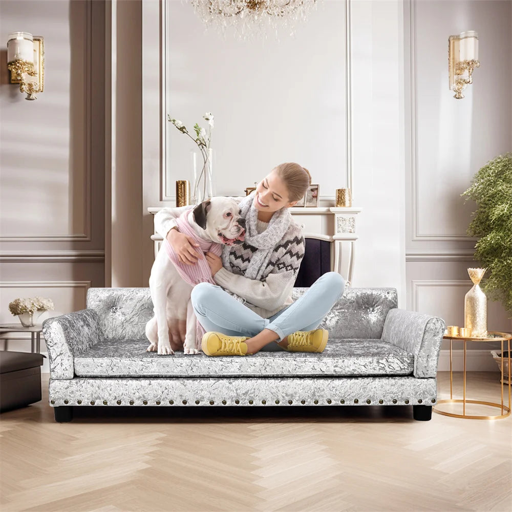 BORWARTCN Luxury Velvet Tufted Dog Sofa Bed Wooden Frame