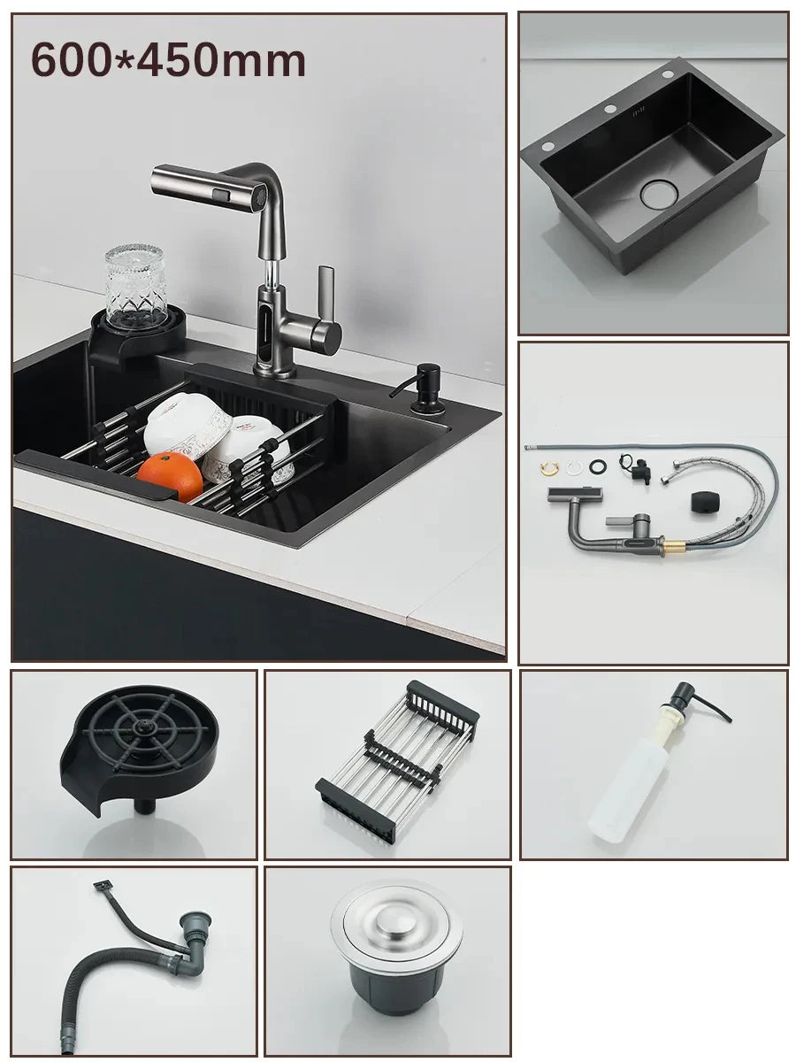 Stainless Steel Kitchen Sink With Integrated Faucet And Soap Dispenser