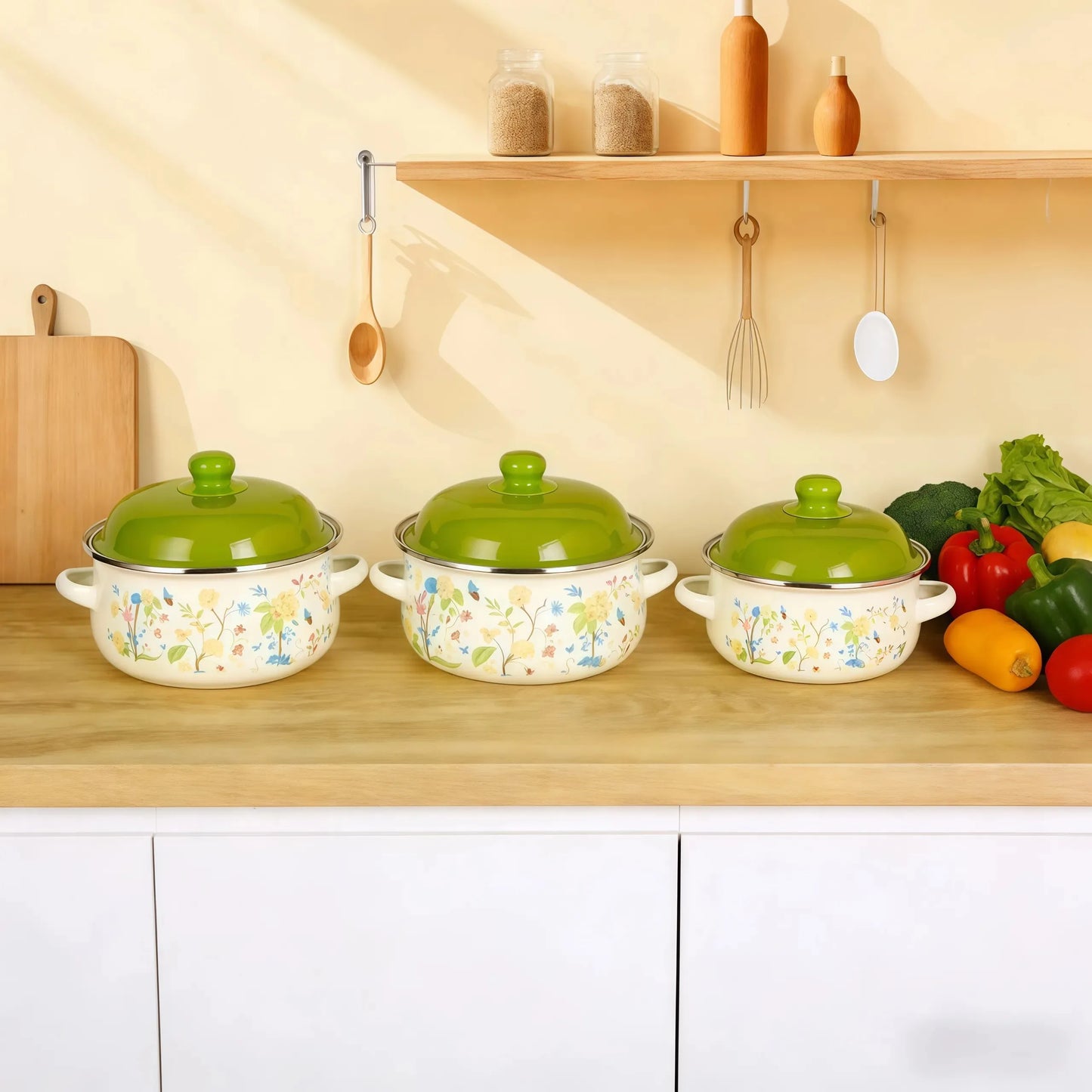 Vintage Enamel Stock Pot Set With Lids For Induction And Gas Stove