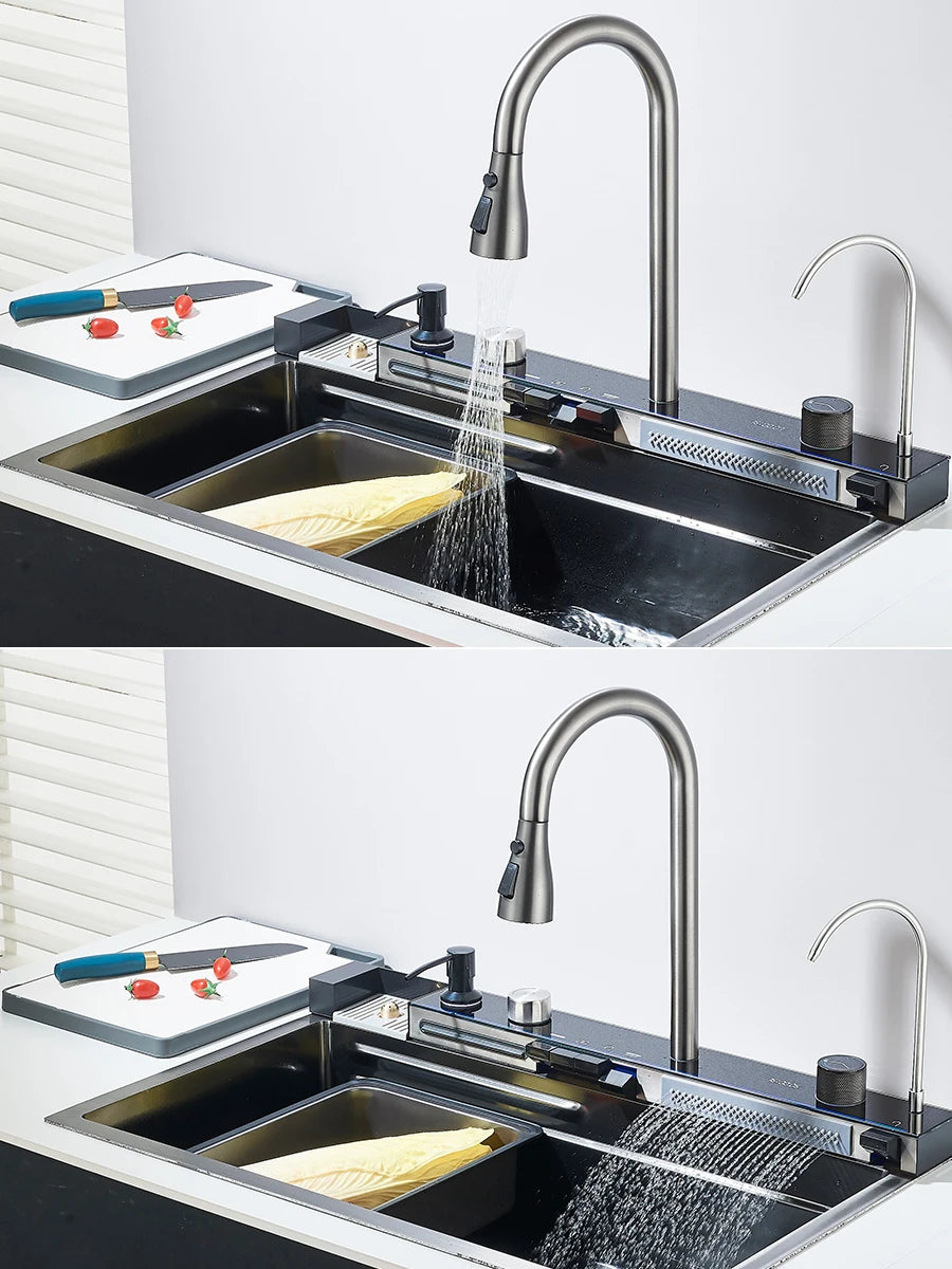 Quyanre 304 Stainless Steel Waterfall Kitchen Faucet Set With Digital Display