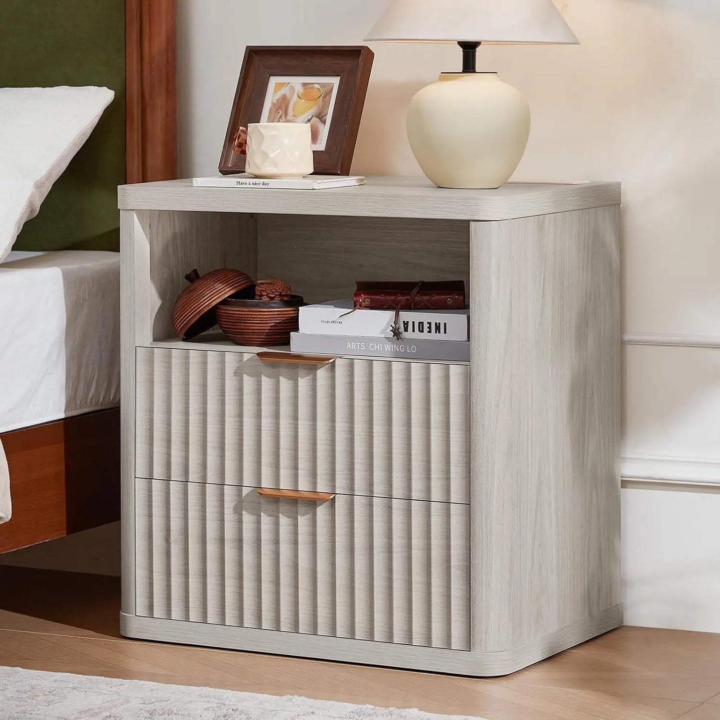 XIAOLANG Fluted Nightstand With Charging Station And Open Storage Cabinet