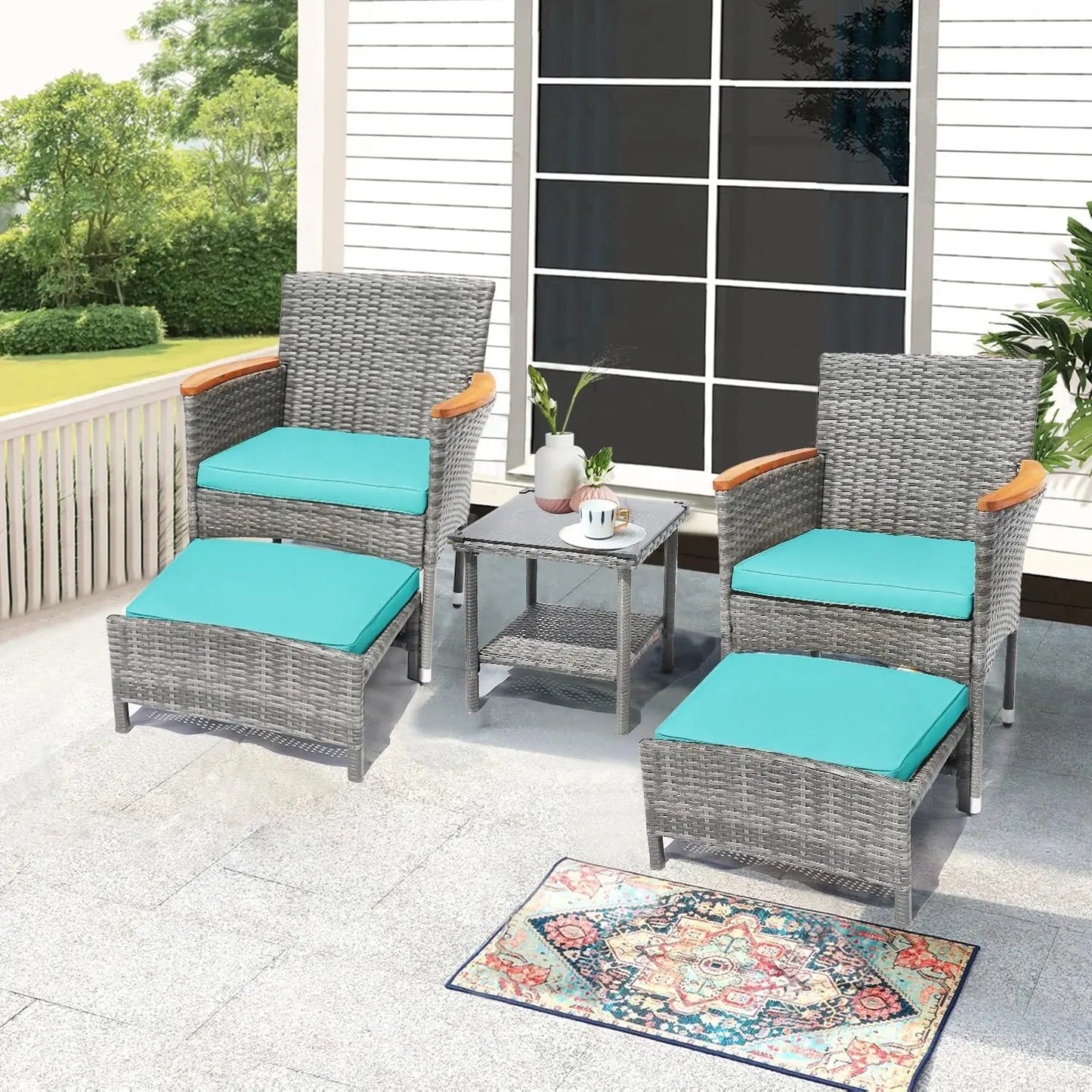 5 PCS Outdoor Patio Furniture Set with Table&Ottoman Outdoor Furniture Patio Set Bistro Wicker Patio Set