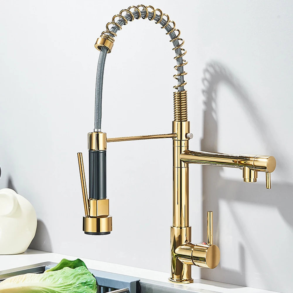 SHBSHAIMY Gold Pull Down Kitchen Faucet With Dual Swivel Spout Hot Cold Water