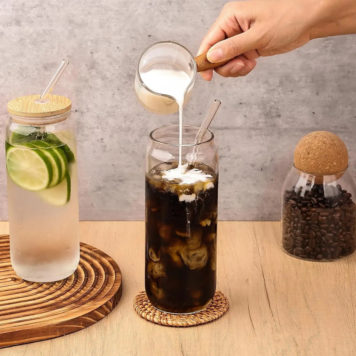 Drinking Glass Set With Bamboo Lids And Glass Straws