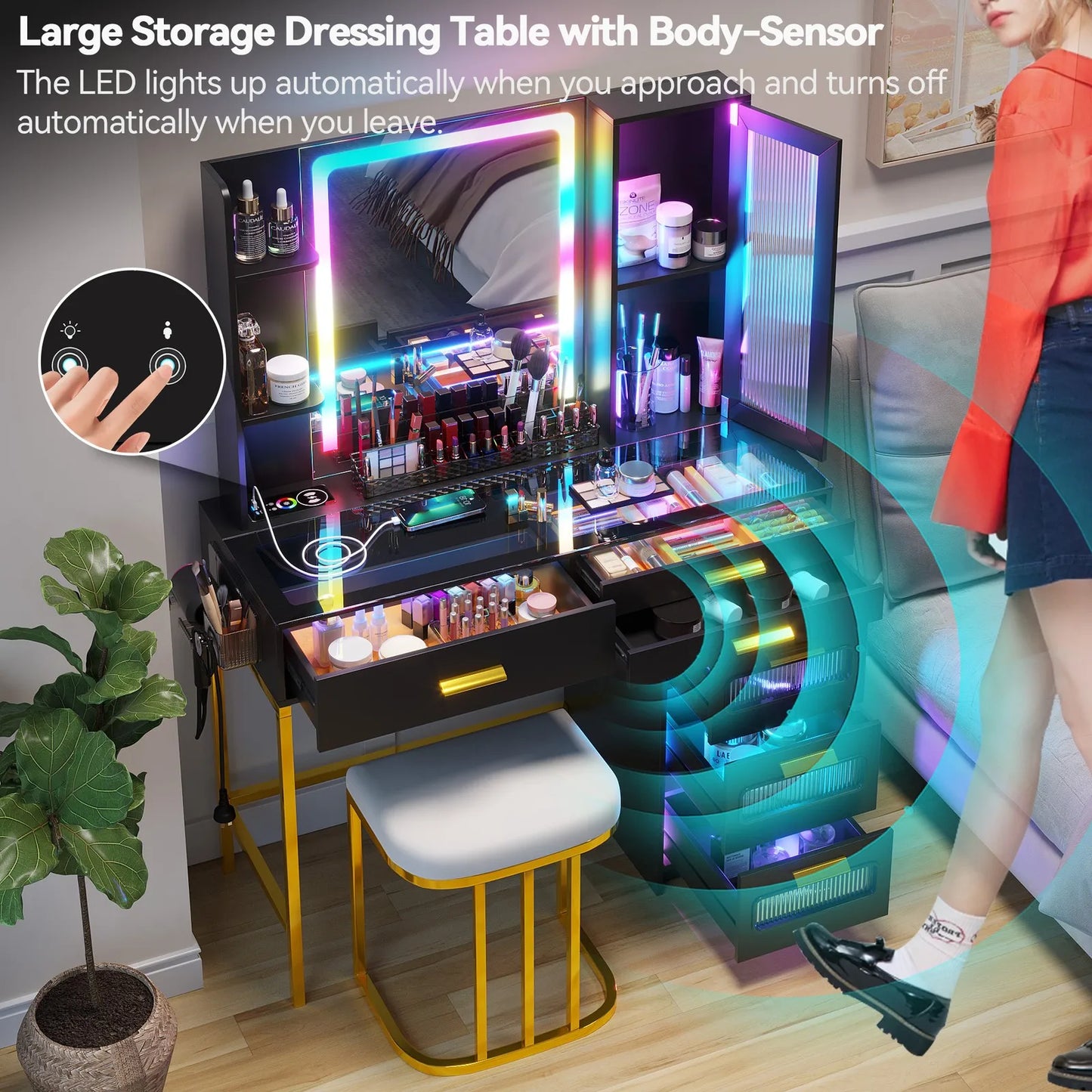 Vanity Desk With Mirror And LED Lights Charging Station